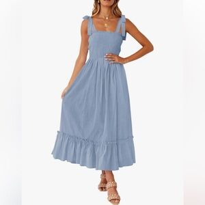 Chic Light Blue Midi Dress with Bow Straps